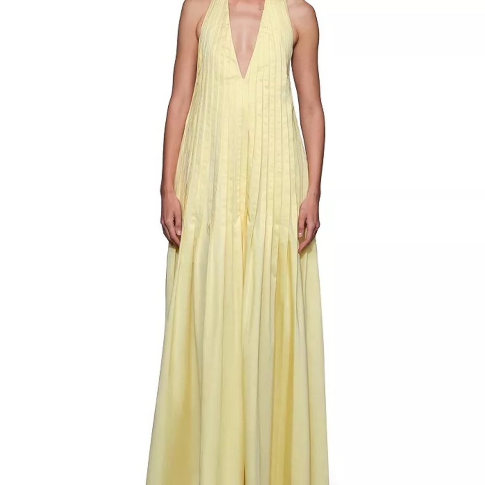 Elegant Halter Pleated Maxi Dress in Pale Yellow